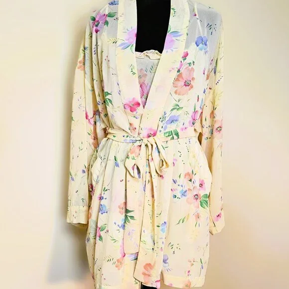 VS Vintage 2pc Yellow Floral Chiffon Gown and Robe Set